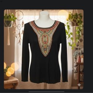 BOHEMIAN BEREK COLLECTION BLACK BEADED WOMENS SHIRT. SIZE LARGE